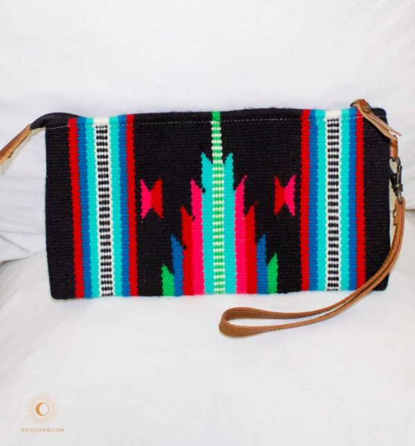 Black Turquoise and Pink Clutch bag with leather strap