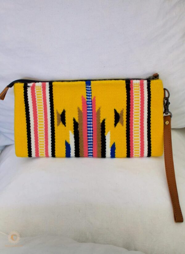 yellow woven clutch with leather strap