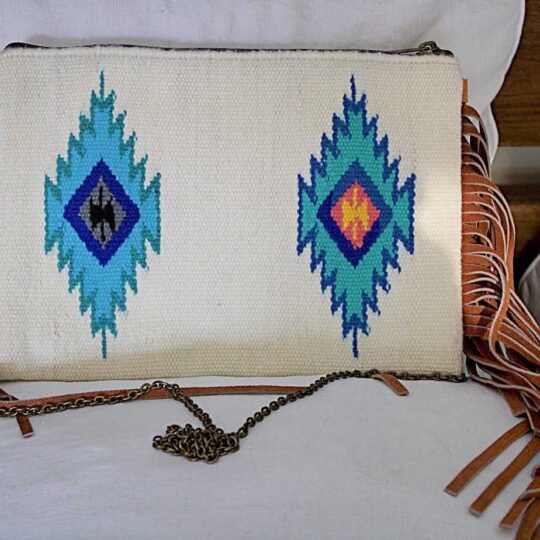 white Aztec shoulder bag with chain and suede fringe