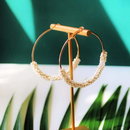 White beaded hoop earrings