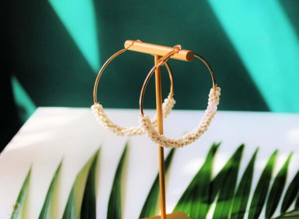 White beaded hoop earrings