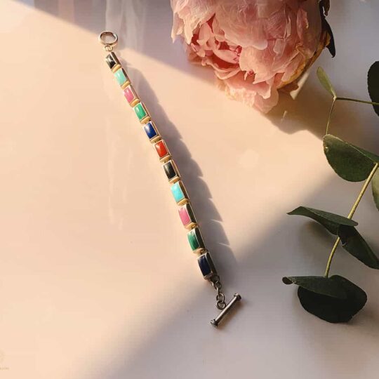 Sliver Brick bracelet with multi colored semi precious stones