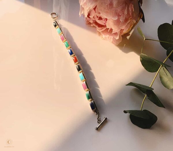 Sliver Brick bracelet with multi colored semi precious stones