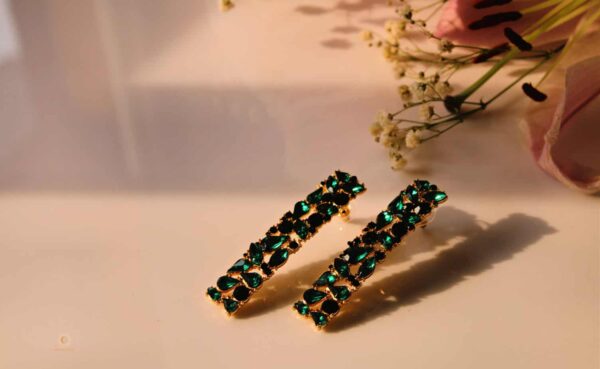 Long green crystal earrings side view