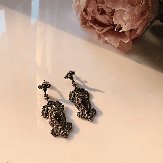 Silver marcasite Earrings with Onyx double drop