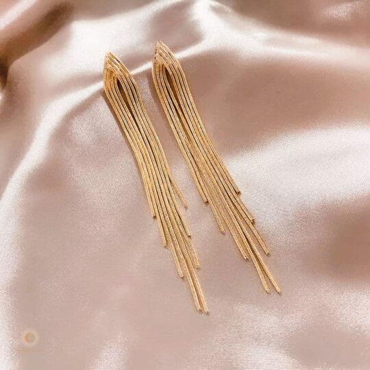 Long gold thread statement earrings