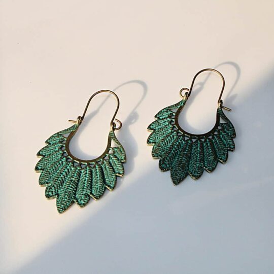 Green and gold leaf boho earrings