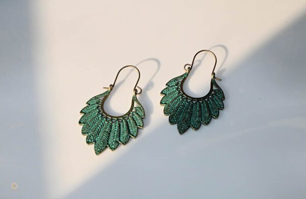 Green and gold leaf boho earrings