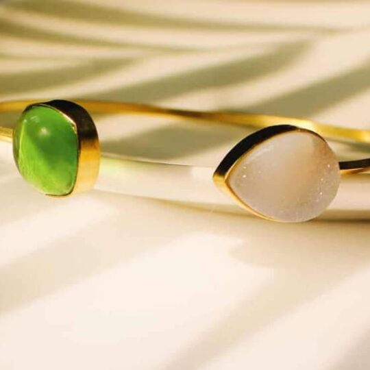 Quartz bracelet or bangle with a green quartz and rainbow moonstone.
