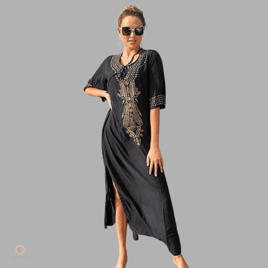 Black Long Embroidered Beach Cover Up
