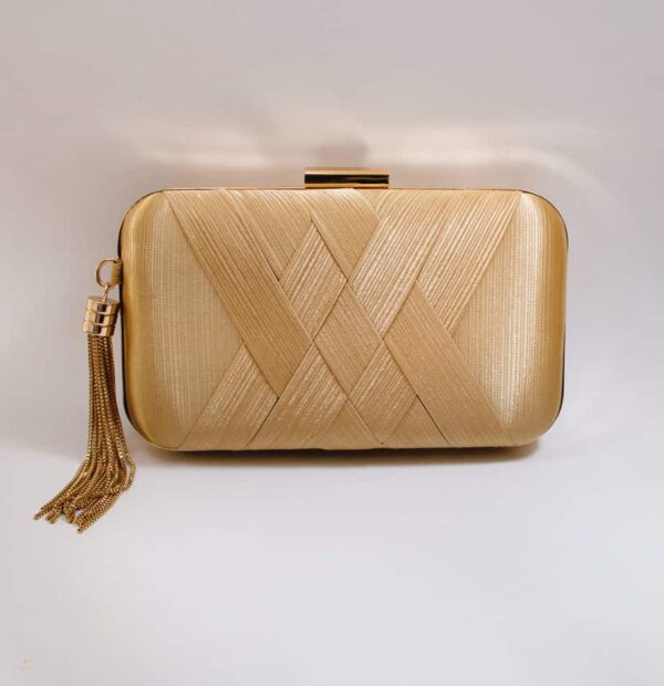 gold champagne evening clutch with gold tassels hardcase