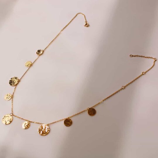 gold necklace with hammered gold discs