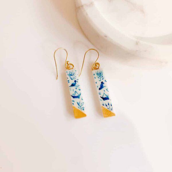 White agate from Afghanistan white and blue and gold earrings