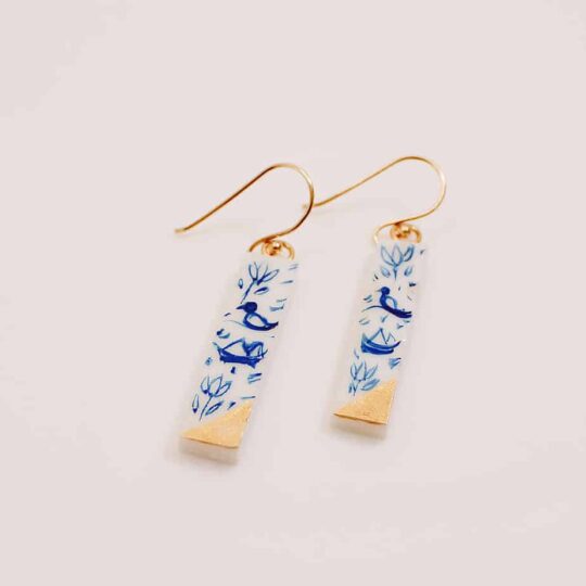 Agate white stone with blue and gold drop earrings