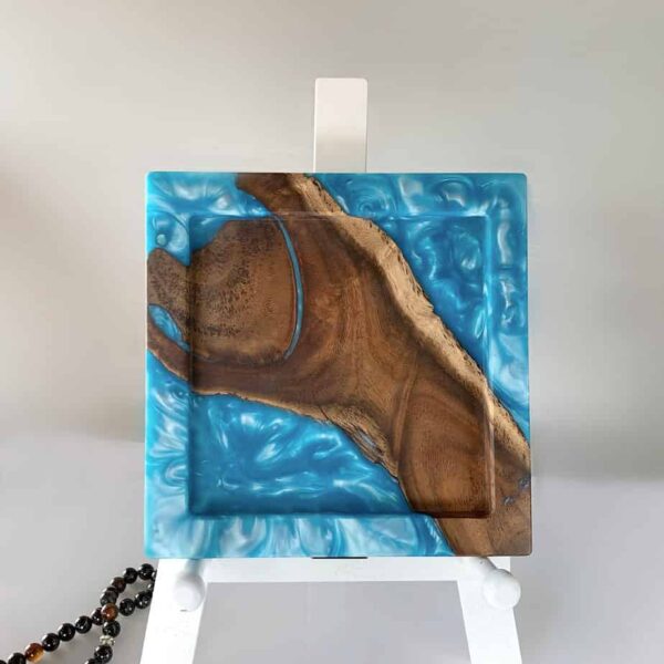 Sky blue resin with wood detail square resin tray
