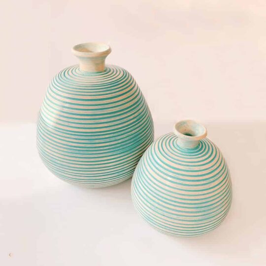 Large Striped Ceramic Pot Turquoise