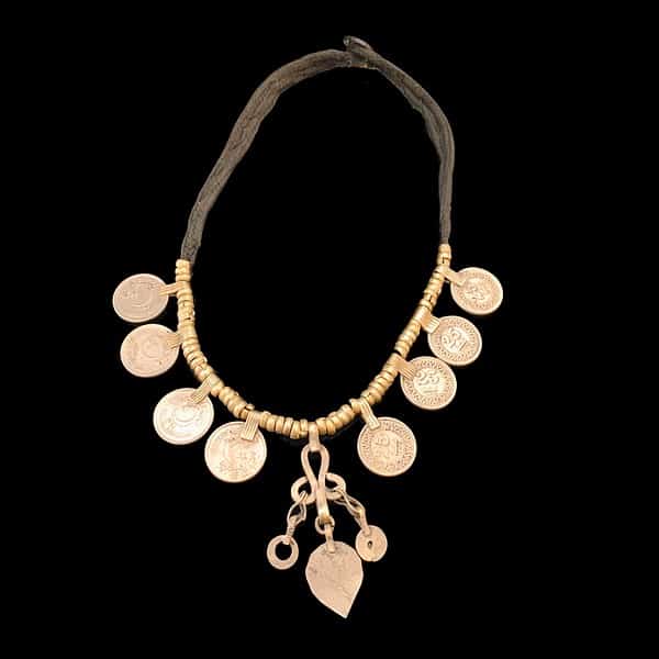 Afghani Antique choker necklace, contains coins and beads and a spear drop. Antique Turkmen necklace.