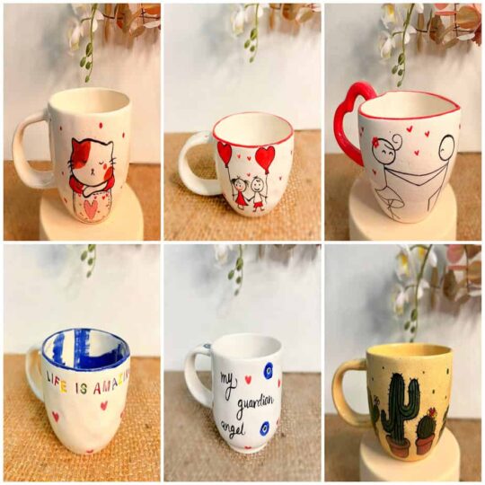 Handmade and hand painted ceramic mugs