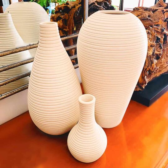 Modern Striped pottery vase in matte white. Vase with stripes