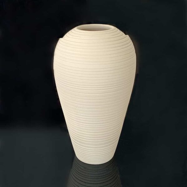 large white striped pottery vase with horizontal stripes