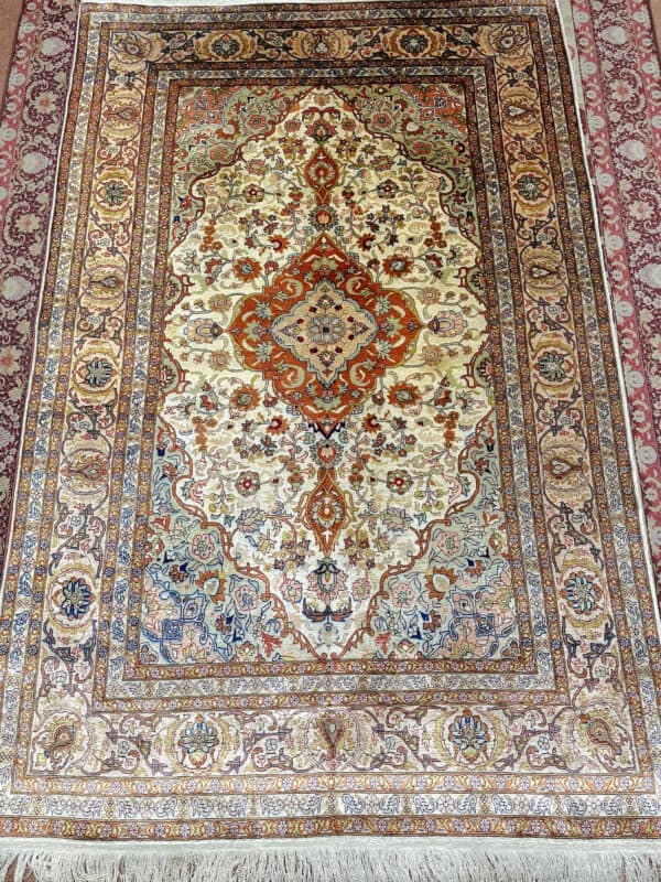 Rare Antique Vintage Rug made with silk and silver from Hereke Turkey