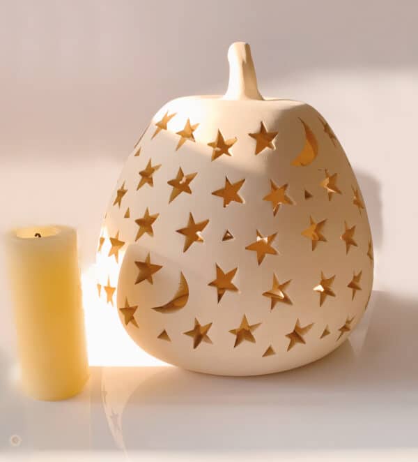 Stars & Crescent Moon Pottery Pumpkin Lantern