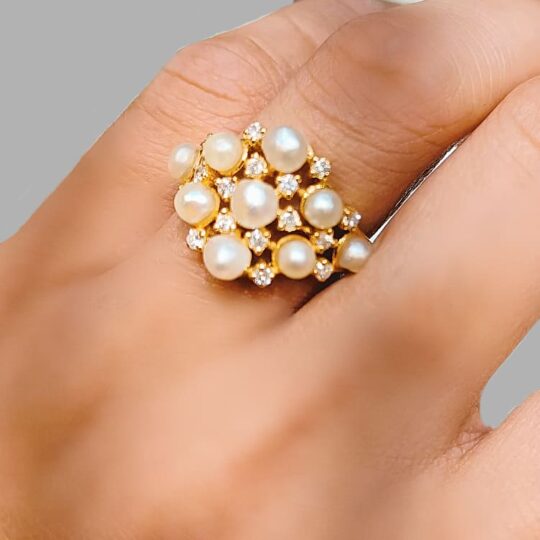 Gold and Pearl ring with Diamonds, this is a statement ring made with Bahraini Pearls.