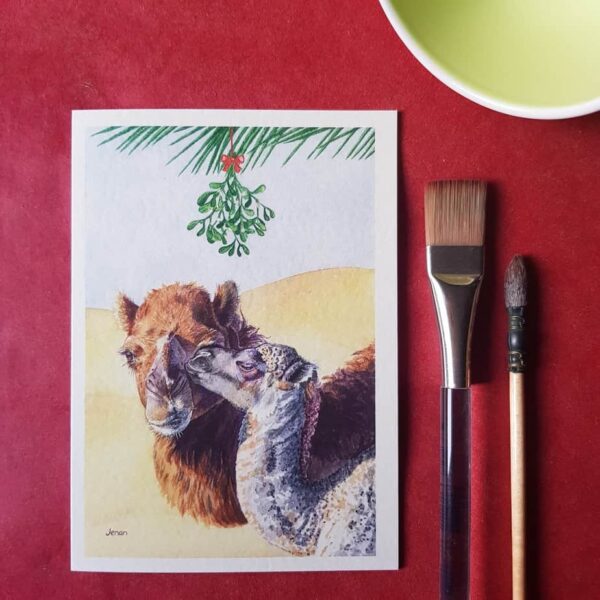 Handmade unique Bahrain Arabic Christmas Cards - camels under a mistletoe