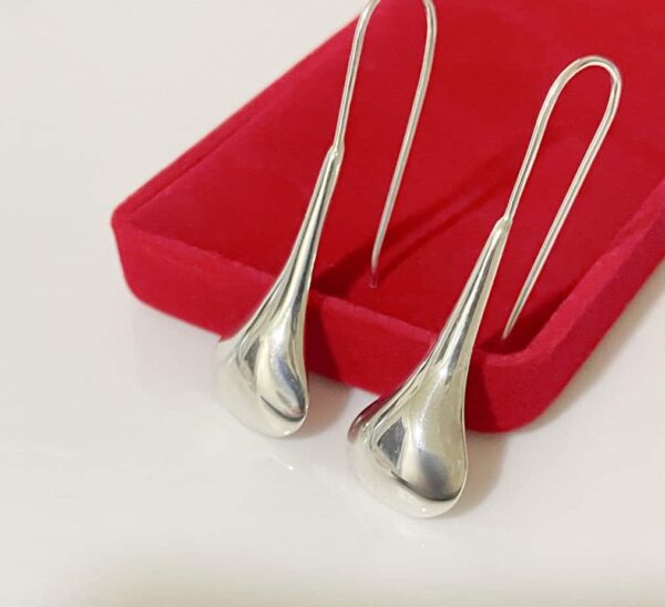 Silver drop earrings with sleek, modern design on a red jewellery box. Perfect for stylish accessories and gift ideas.