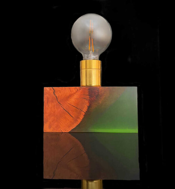 Energy-efficient LED bulb with stylish wooden and gold accents, ideal for contemporary interior lighting solutions.