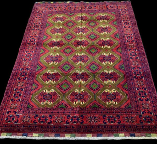 Colorful Persian rug featuring intricate geometric designs in red, green, yellow, and black, perfect for adding cultural elegance to any living space.