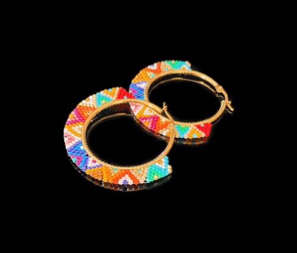 Gold and multicolour beaded hoop earrings for women, vibrant accessory for casual or traditional outfits.