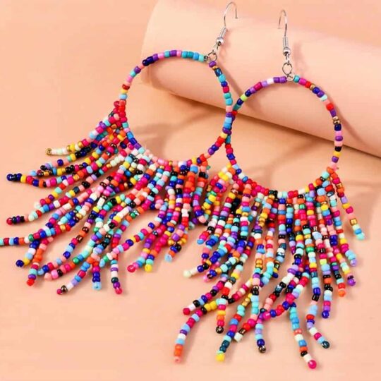 long colourful seed bead earrings. multi colored seed beads.
