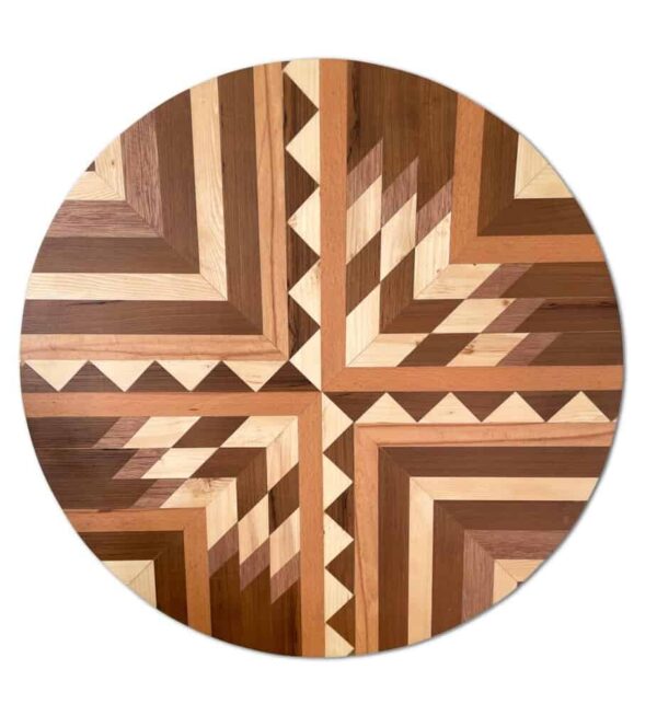 Intricate wooden geometric pattern featuring various shades of natural wood, ideal for enhancing interior design, flooring, or wall decor in modern and traditional homes.