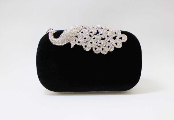 Luxurious black clutch with intricate peacock embellishment, ideal for special occasions and evening wear.
