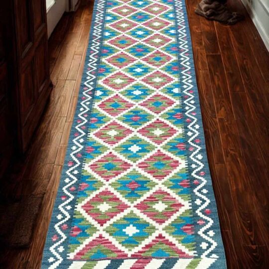 Vibrant geometric patterned runner rug with colorful diamond shapes, floral accents, and decorative border, ideal for enhancing hallway or corridor decor in homes.