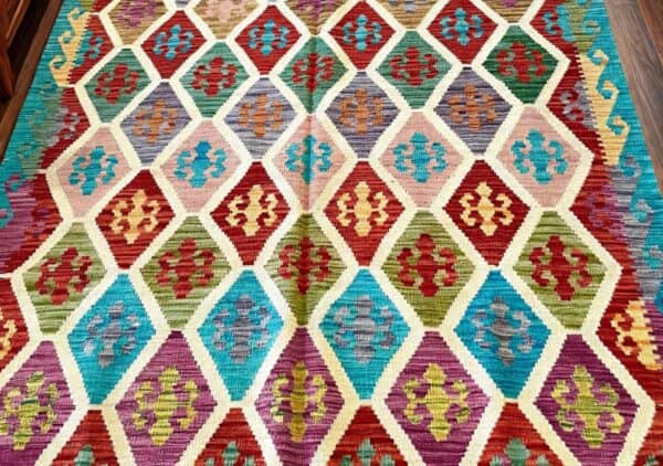 Large handmade rug created using the traditional kilim
