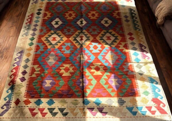 A handmade rug using the traditional kilim.