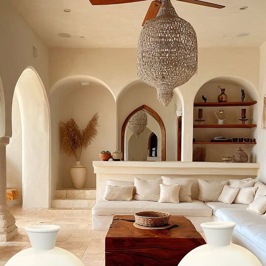 2 Extra Large White pottery vases set in an Elegant bohemian living room with neutral tones, woven pendant lights, and decorative shelving, creating a cosy and stylish interior for modern home comfort.