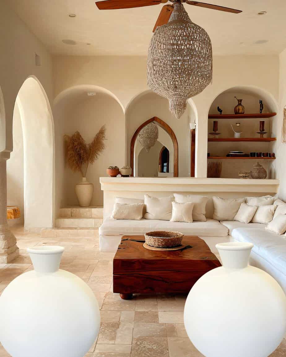 2 Extra Large White pottery vases set in an Elegant bohemian living room with neutral tones, woven pendant lights, and decorative shelving, creating a cosy and stylish interior for modern home comfort.