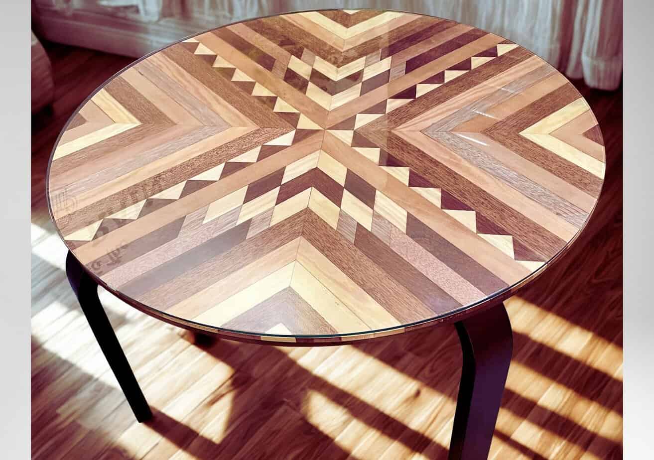 Aztec Pattern Coffee Table Varnished wood with intricate geometric pattern in natural wood tones, modern design for contemporary home interiors.