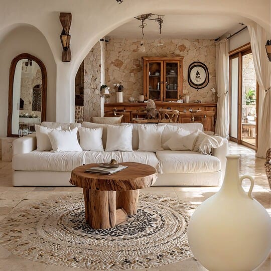 Large Cream Arabian Water Jug set in a Natural stone and wood interior of a cosy living room with cream sofa, rustic wooden coffee table, antique wall decor, large windows with curtains, and Mediterranean style design elements.