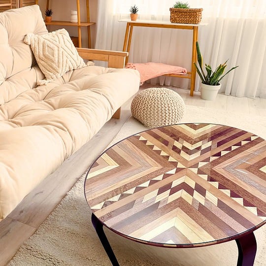 Aztec Patter Wooden Coffee table with intricate geometric wood pattern, perfect for modern living rooms.