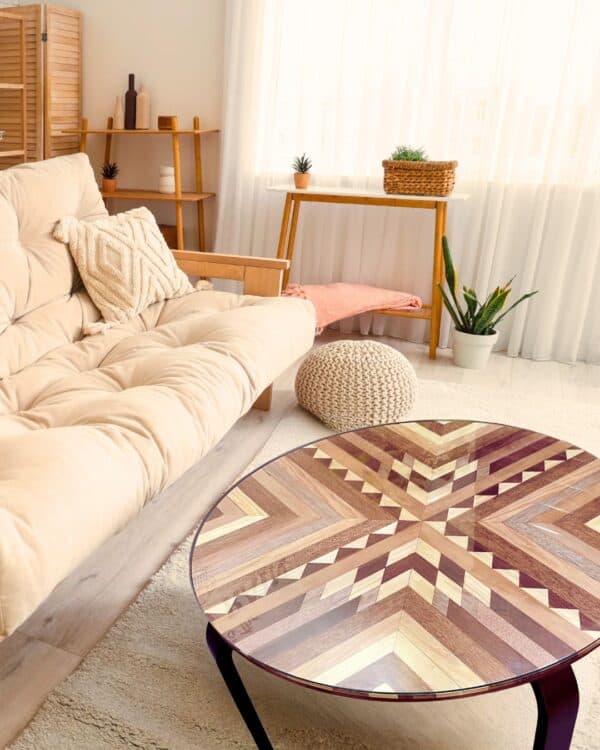 Aztec Patter Wooden Coffee table with intricate geometric wood pattern, perfect for modern living rooms.