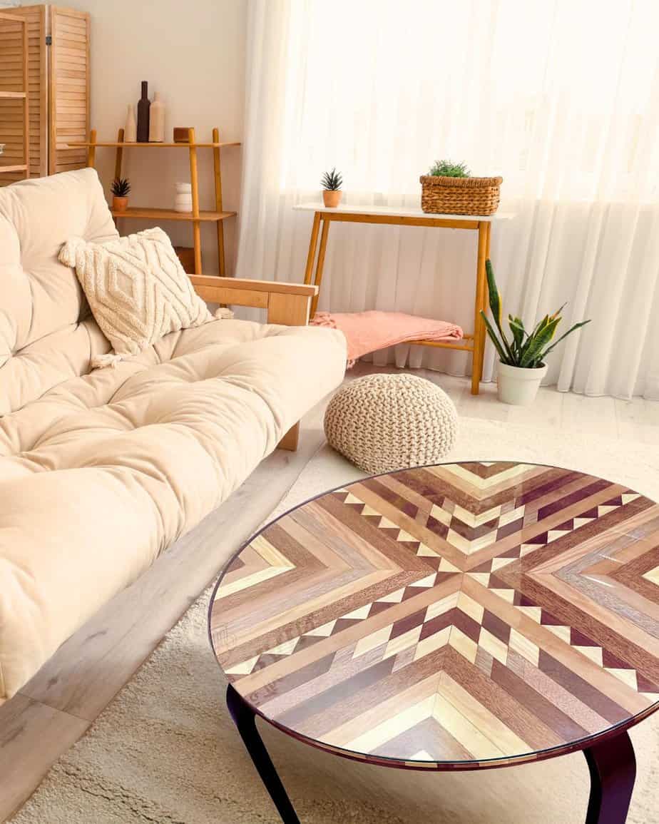 Aztec Patter Wooden Coffee table with intricate geometric wood pattern, perfect for modern living rooms.