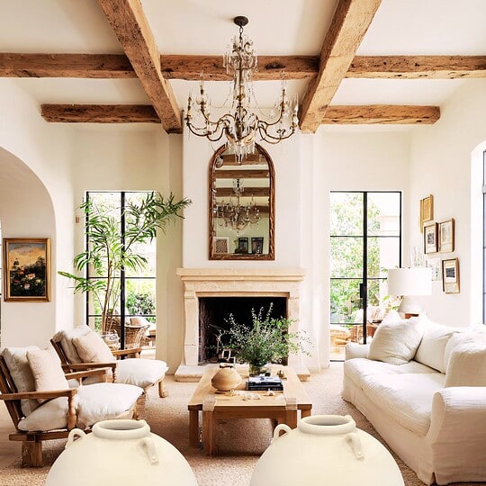 Extra Large ceramic pots in a bright living room with rustic wooden ceiling beams and elegant decor.