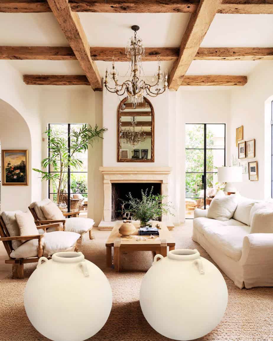 Extra Large ceramic pots in a bright living room with rustic wooden ceiling beams and elegant decor.
