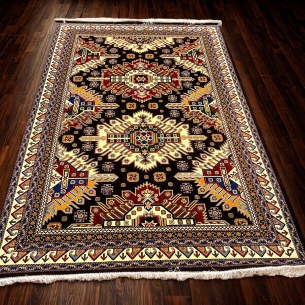 A Silk Persian Rug with exquisite traditional motifs displayed on a wooden floor.