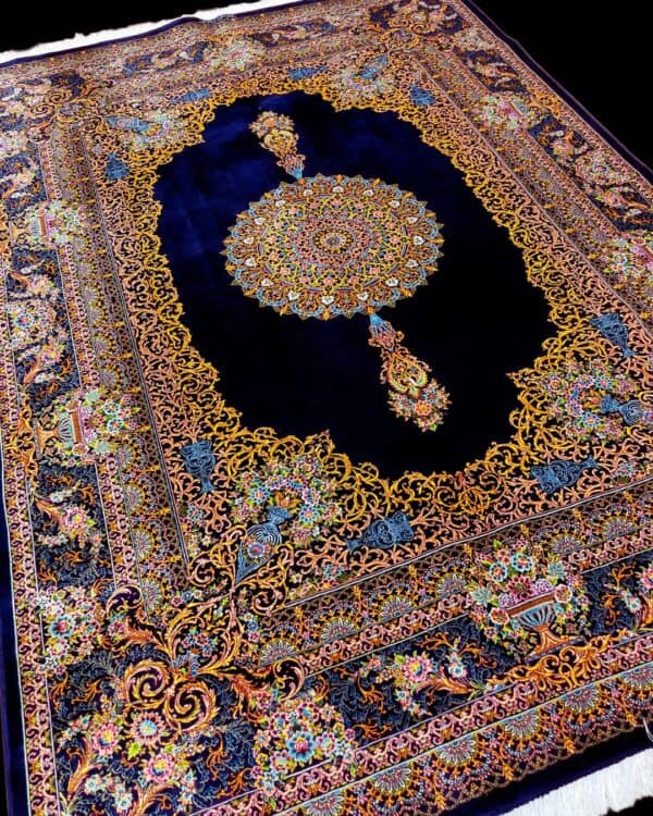 Elegant Persian rug featuring intricate floral patterns and vibrant colours on a deep Royal Blue background. Perfect for adding luxury and cultural charm to any living space.