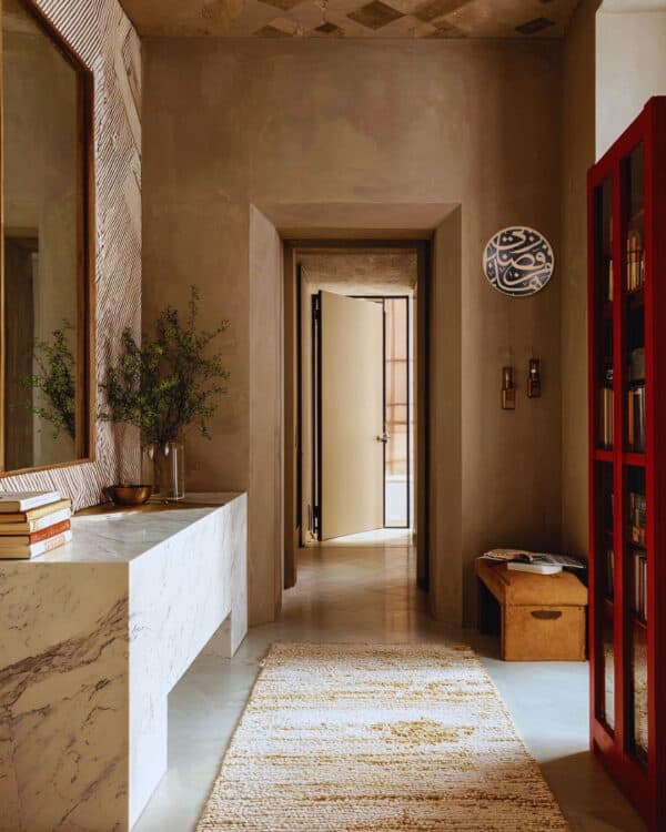 Stylish modern interior entrance featuring a marble console, decorative plants, a textured wall, and a red display cabinet, illuminated by natural light from an open door.
